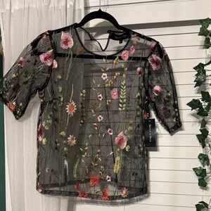 Sheer Black Floral Embroidered Blouse